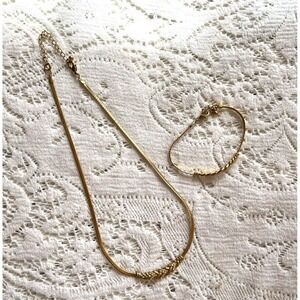 Vintage Gold Tone Braided‎ Chain Necklace and Bracelet Set - Rhinestones